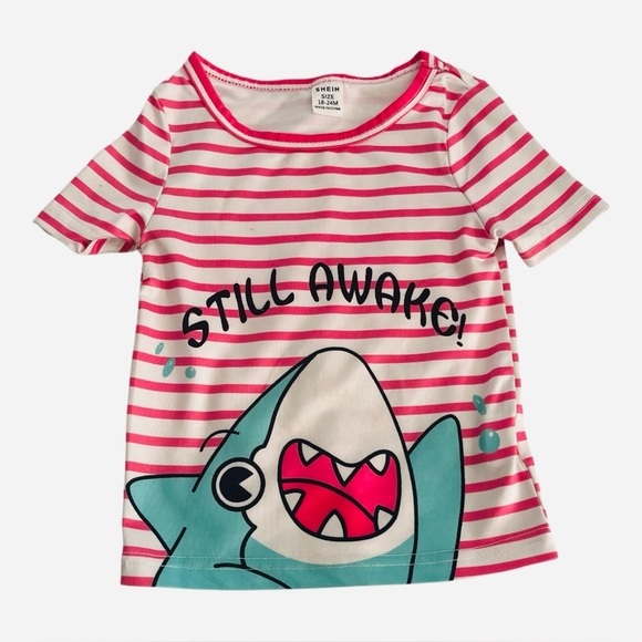 SHEIN Striped Shark Graphic Tee white red Girl 18-24 Months round neck short - Picture 1 of 5